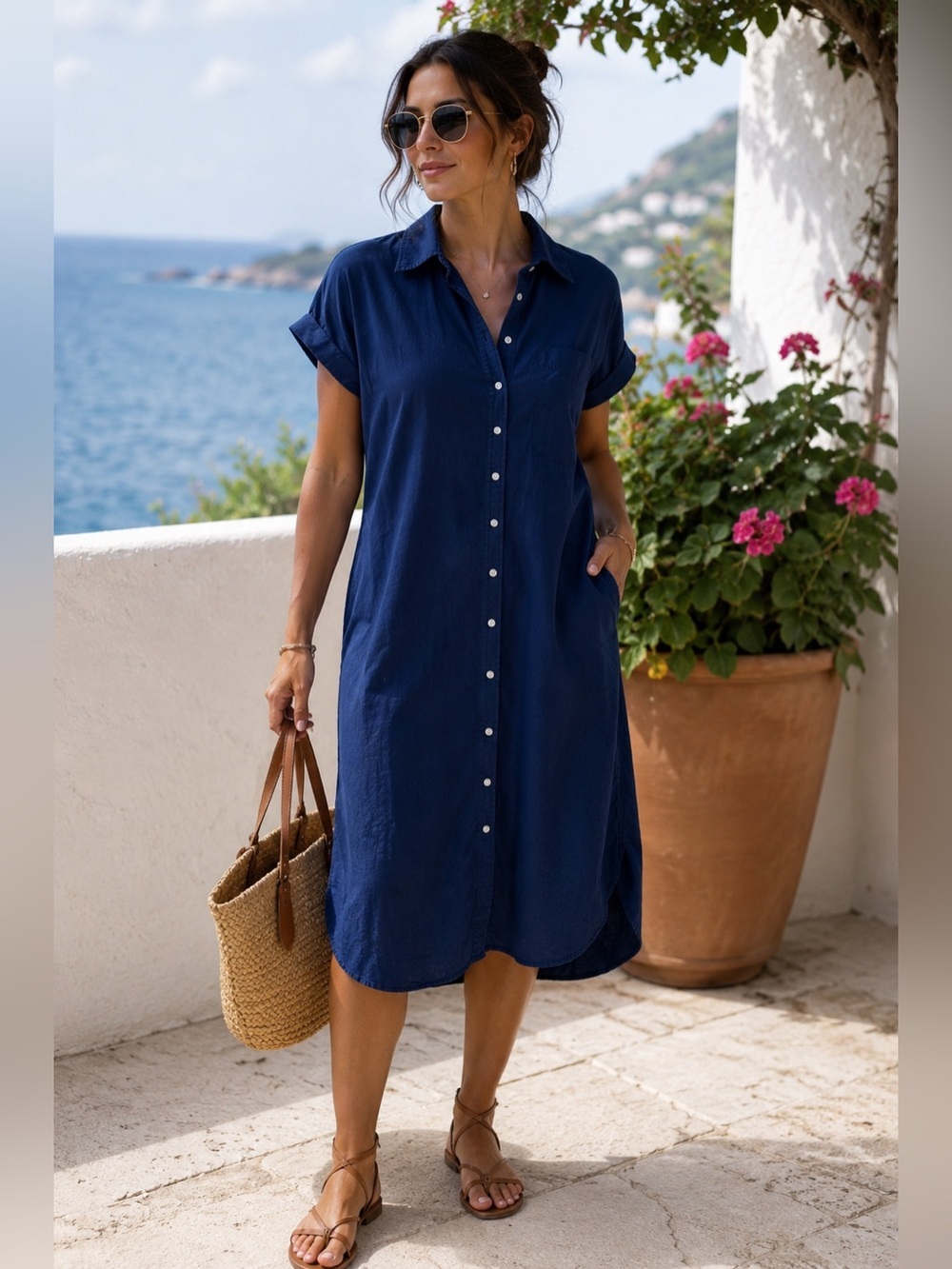 NAVYBLEU Navy Short sleeve shirt dress Cotton  SzSmall